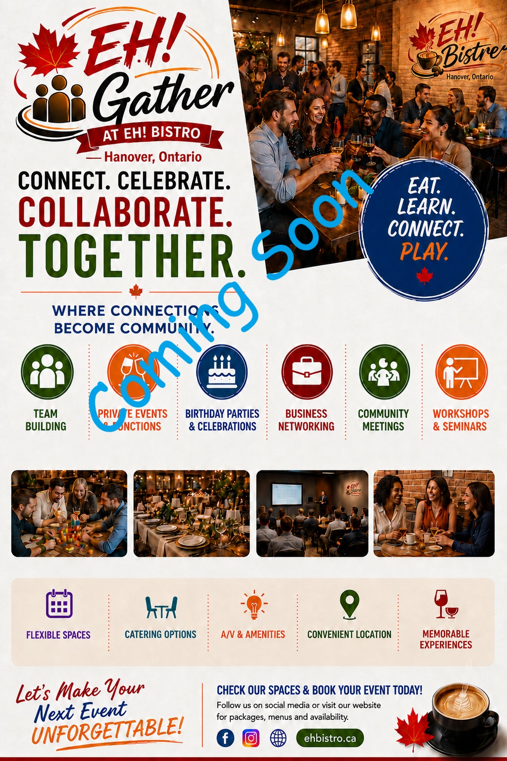EH! Gather promotional poster showing guests connecting at EH! Bistro with options for team building, private events, celebrations, networking, meetings, and workshops